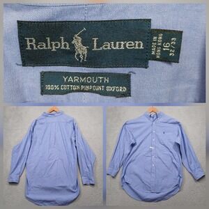 Ralph Lauren Yarmouth Men's 16.5 32/33 Blue 100% Cotton Pinpoint Oxford Button